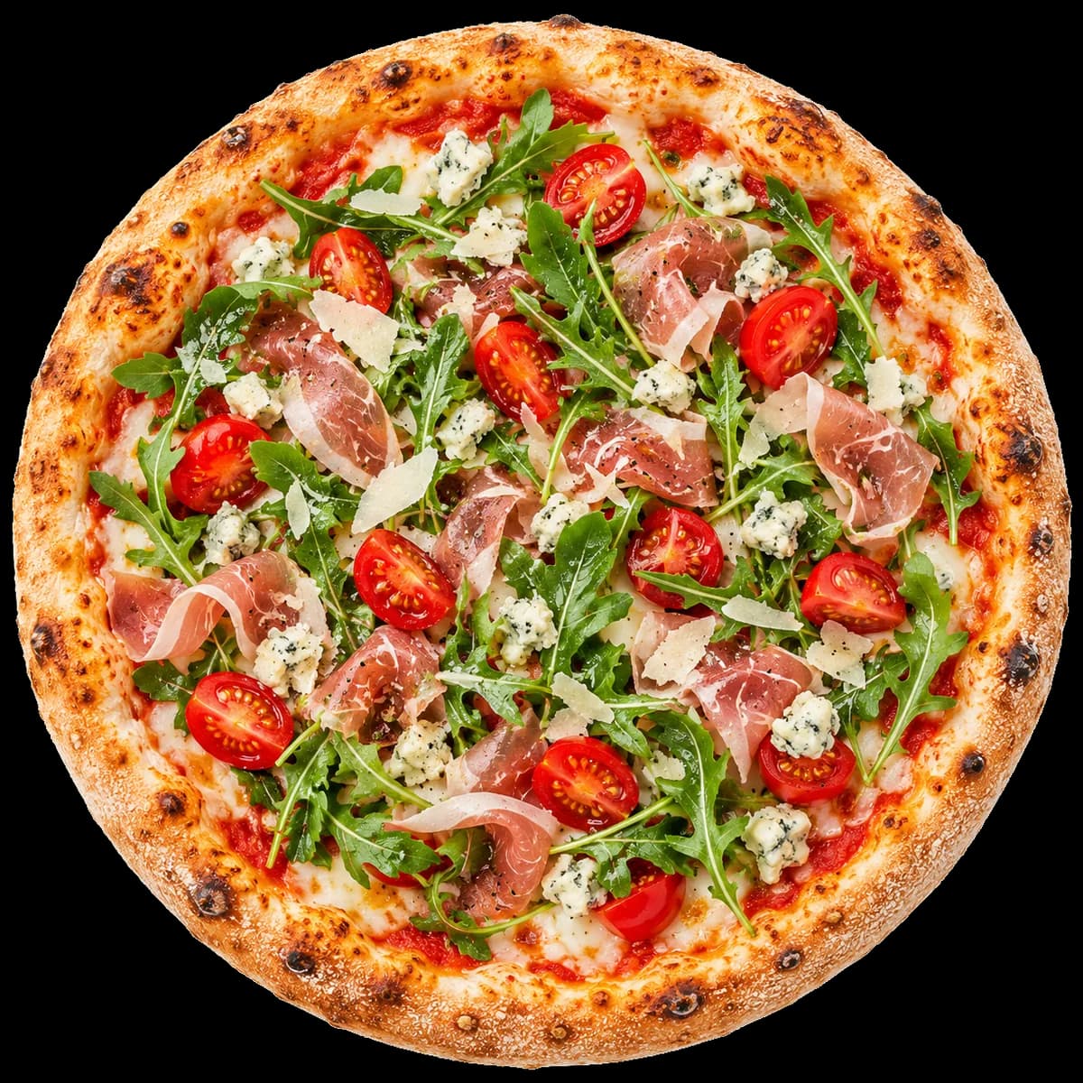 Pizza Royal cu prosciutto crudo, rucola, roșii cherry și brânză cu mucegai, văzută de sus